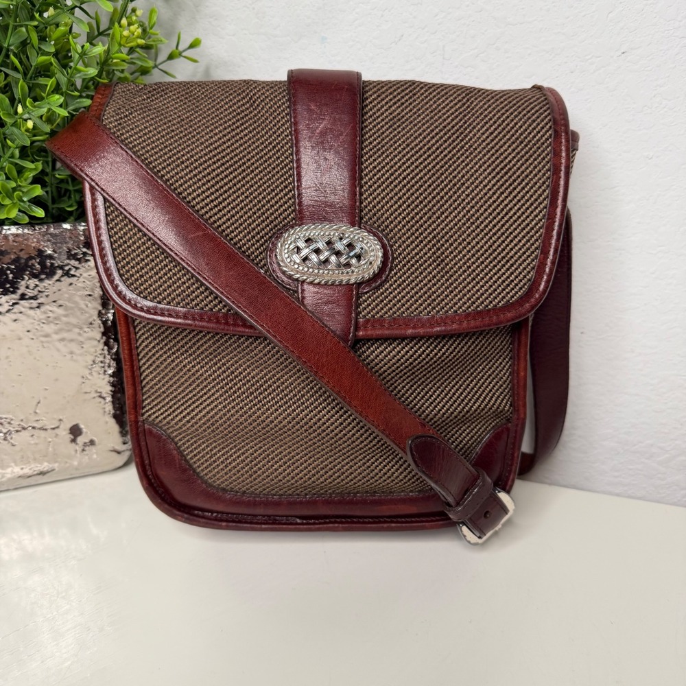 Brighton Crossbody Bag Women Brown Leather Twill Silver Medallion Classic Small